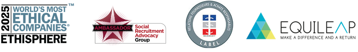 Logo World's Most ETHICAL companies, 2025, Ethisphere - Logo Social Recruitment Advocacy Groupe - Logo Label, Relations fournisseurs & achats responsables - Logo Equileap.